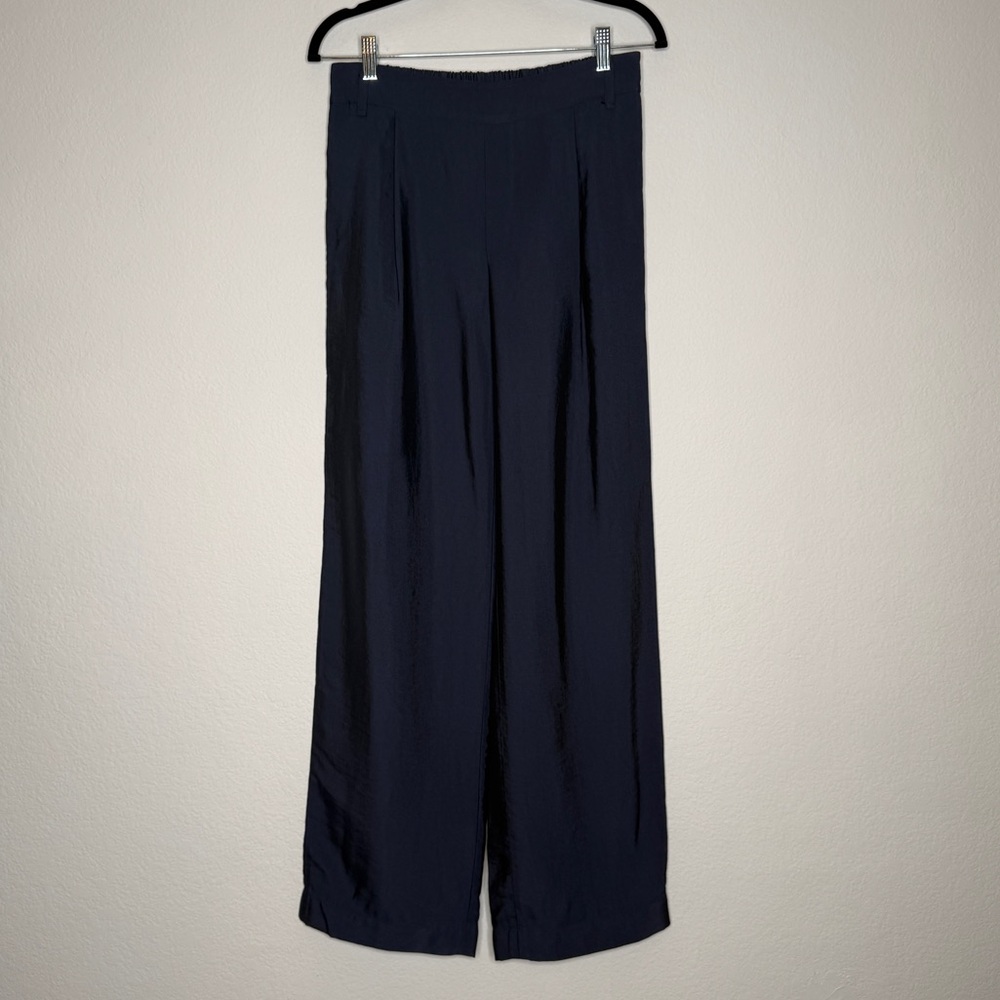 Vince Pants Pleated Pull On Blue Sheen High Waist Pockets Lightweight Size S